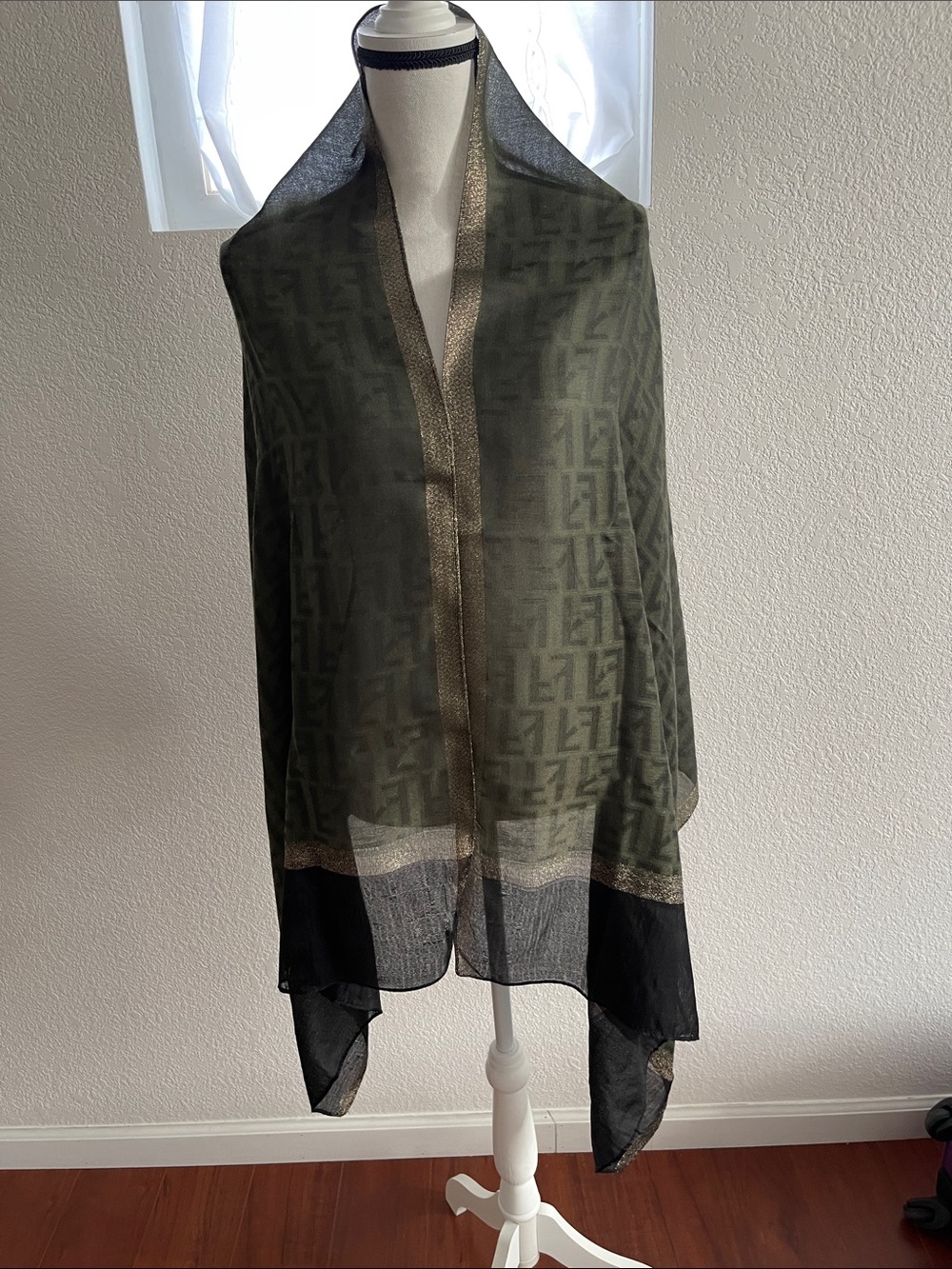 Sheer Olive Green & Black Logo-Pattern Scarf